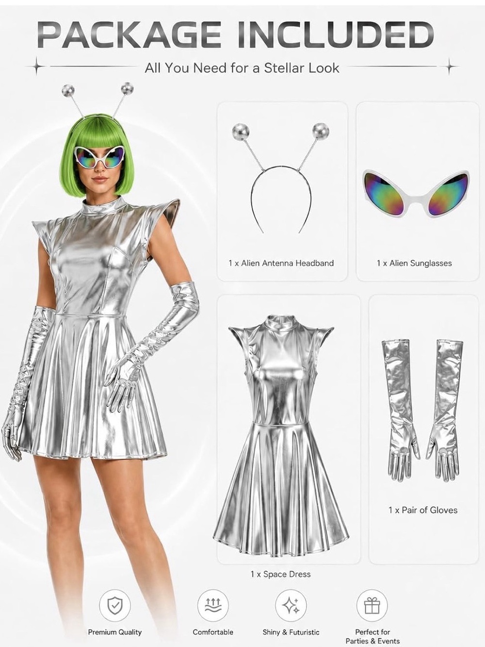 Silver Metallic Dress costume with Gloves Alien Headband with Glasses size small